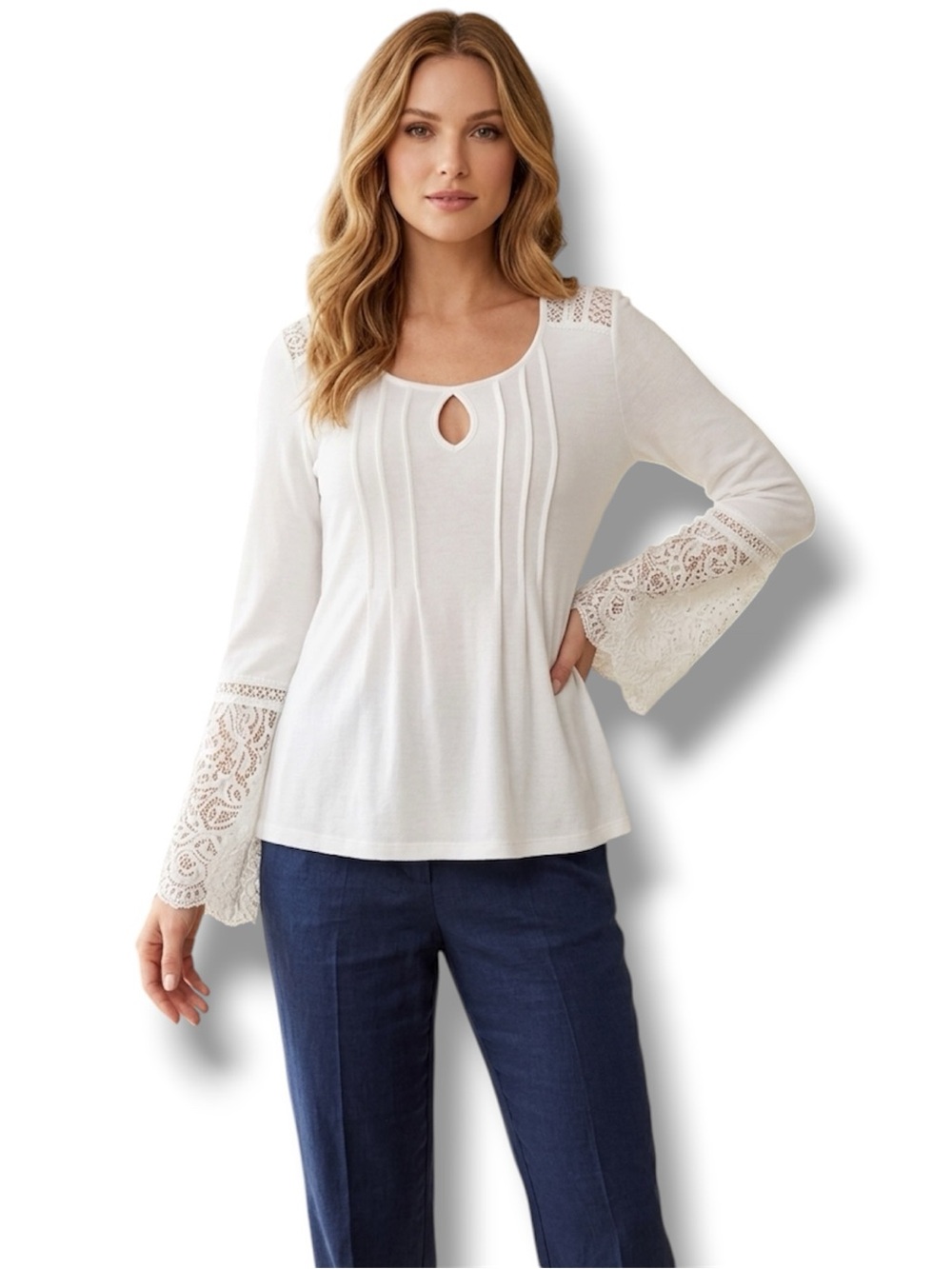 Cable & Gauge Boho Whimsigoth Top White Lace Bell Sleeves Keyhole Women’s M